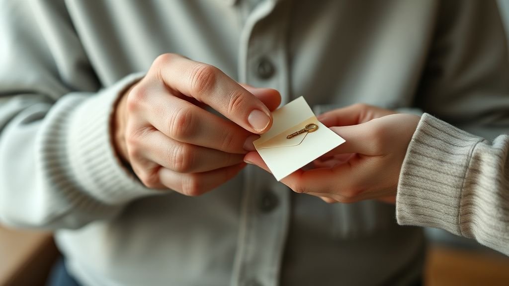 Mains d’un aîné et d’un proche se transmettant une clé dans une lumière douce et naturelle
