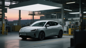 Voiture moderne devant un décor industriel évoquant la baisse de l’action Stellantis en Bourse