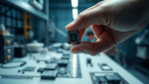Main tenant une puce électronique dans un environnement industriel sobre et lumineux