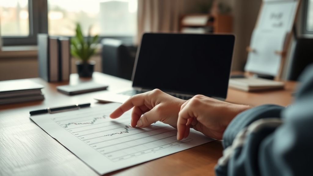 Bureau d’analyse financière avec main pointant un graphique papier et une calculatrice