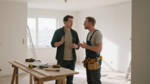 Propriétaire et artisan discutant de travaux dans un appartement en rénovation, lumière naturelle