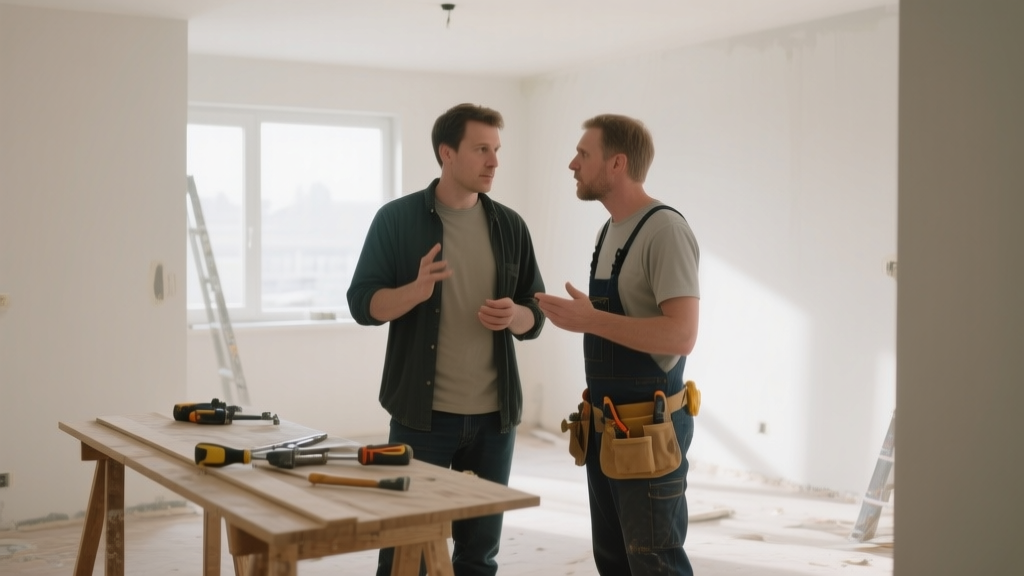 Propriétaire et artisan discutant de travaux dans un appartement en rénovation, lumière naturelle