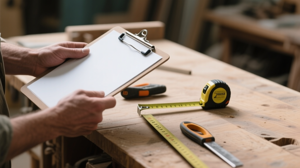 Mains près d’un plan de travail avec outils de mesure dans un atelier, sans texte visible