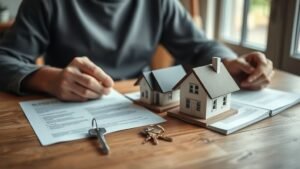 Personne examinant un contrat d’assurance habitation près d’une maquette de maison et de clés sur une table