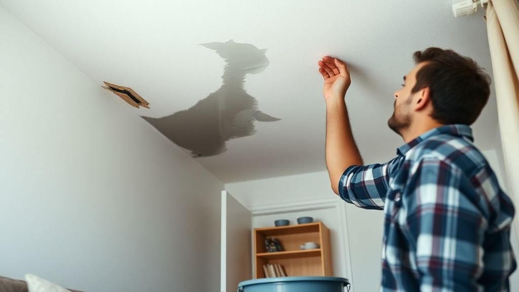 Propriétaire observant un dégât des eaux léger dans un appartement avec outils de réparation
