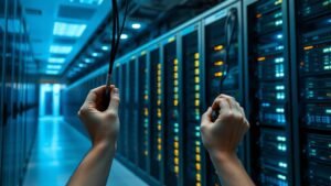 Intérieur de centre de données avec des mains manipulant du matériel informatique sous une lumière naturelle