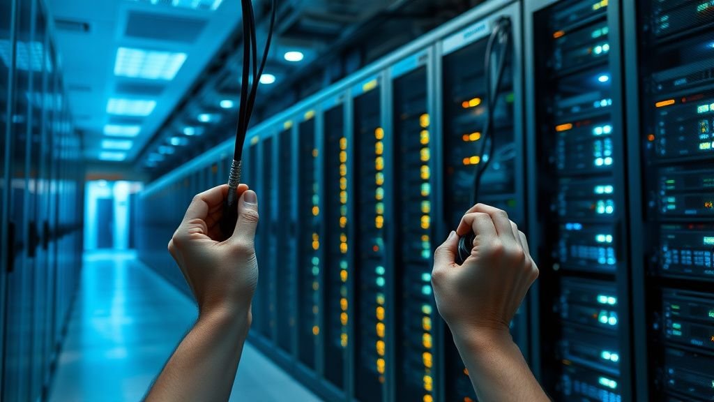 Intérieur de centre de données avec des mains manipulant du matériel informatique sous une lumière naturelle