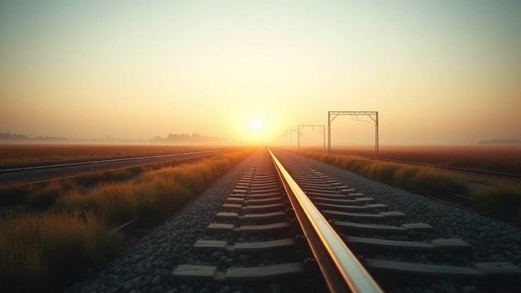 Voies ferrées au lever du soleil dans un paysage calme, symbole d’une infrastructure durable