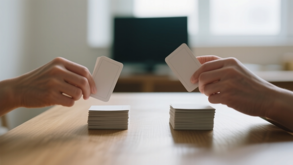Mains triant des cartes neutres sur une table en bois, image illustrant la comparaison entre capitalisation totale et flottante