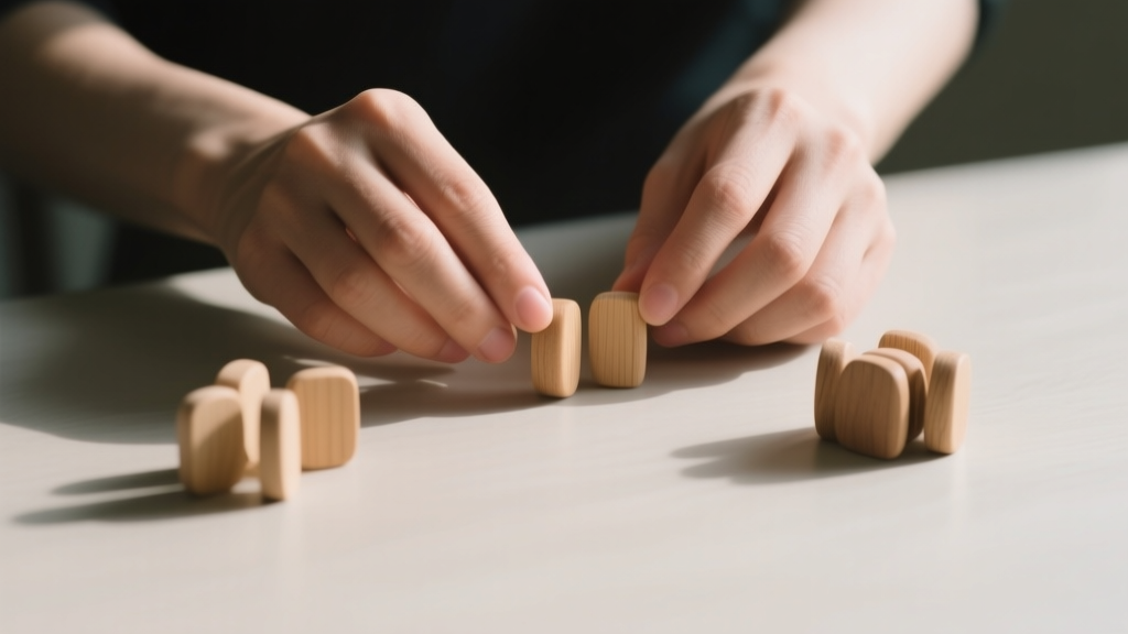 Mains disposant des jetons en bois pour illustrer une répartition patrimoniale sur une table
