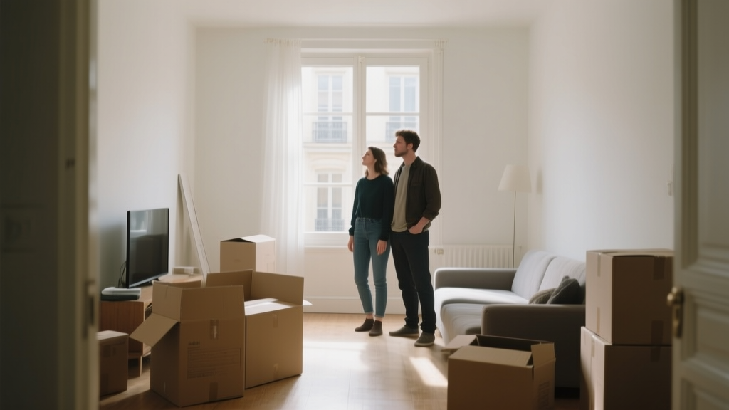 Couple observant un appartement avec des cartons de déménagement dans une lumière naturelle