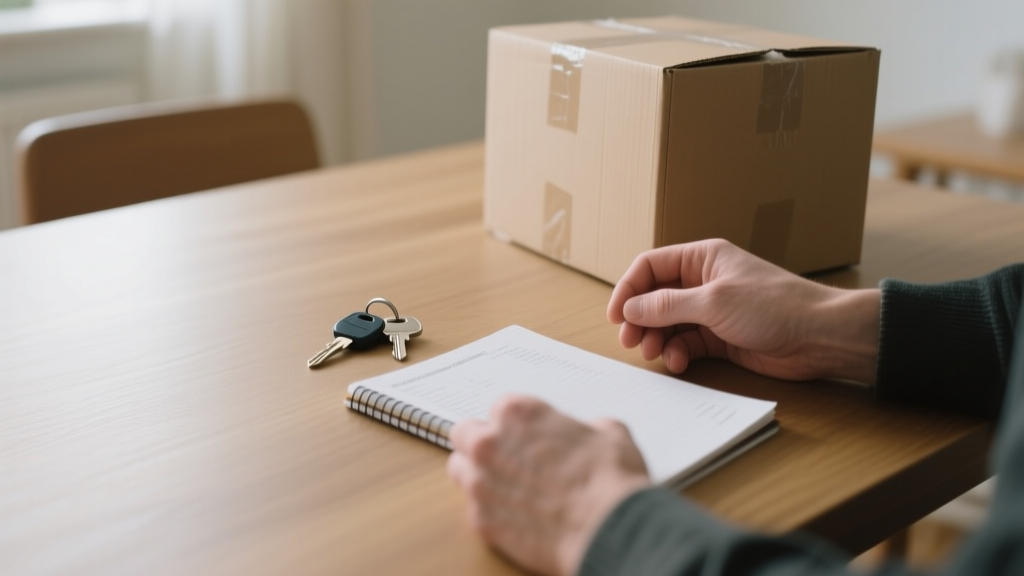 Mains consultant un budget près de clés et d’un carton de déménagement sur une table