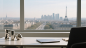 Vue éditoriale d’un bureau financier sobre avec skyline urbaine floue en arrière-plan, ambiance d’analyse boursière