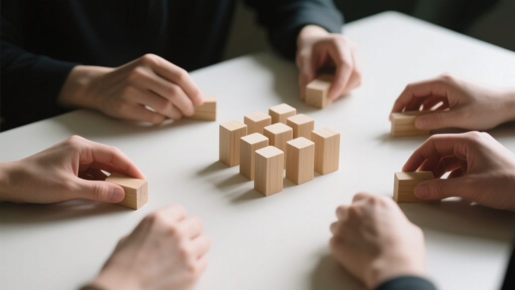 Mains disposant des blocs de bois sur une table, illustrant la concentration d’un portefeuille boursier