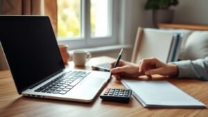 Mains organisant des dossiers et un calculateur dans un bureau lumineux pour illustrer la facturation électronique en location meublée