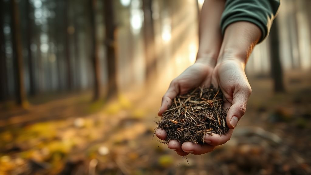 Mains tenant de la terre et des aiguilles de pin dans une forêt, lumière naturelle et ambiance documentaire