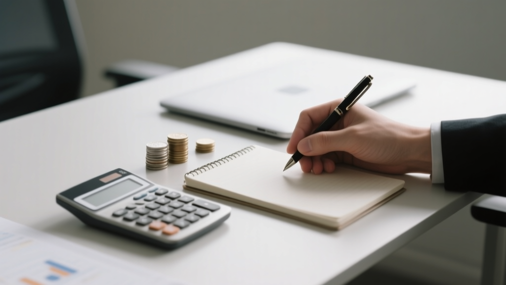Main tenant un stylo au-dessus d’un bureau avec calculatrice et pièces, ambiance financière sobre