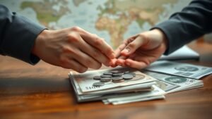 Mains échangeant des pièces et des billets neutres sur une table, ambiance financière sobre