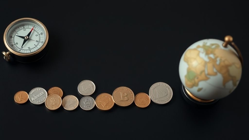 Pièces sans marque, boussole et globe neutre illustrant la concurrence entre monnaies