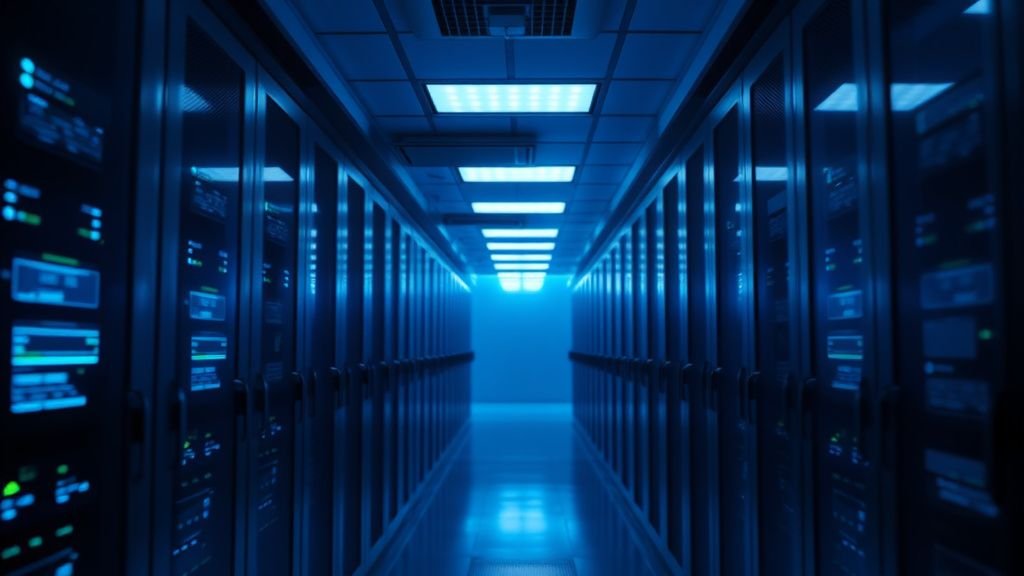 Couloir de serveur lumineux illustrant l’infrastructure technique de l’intelligence artificielle