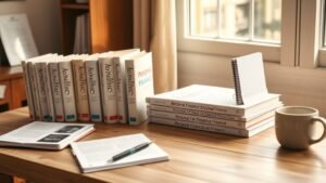 Plusieurs livres de finance posés sur un bureau en bois avec lumière naturelle et ambiance studieuse