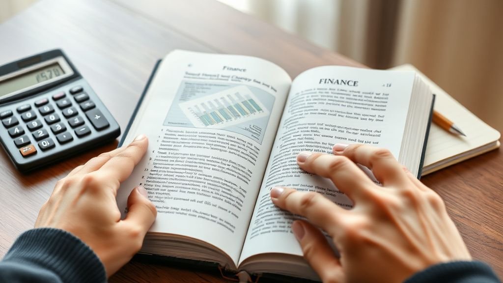 Mains feuilletant un livre de finance près d’une calculatrice dans une ambiance de bureau calme