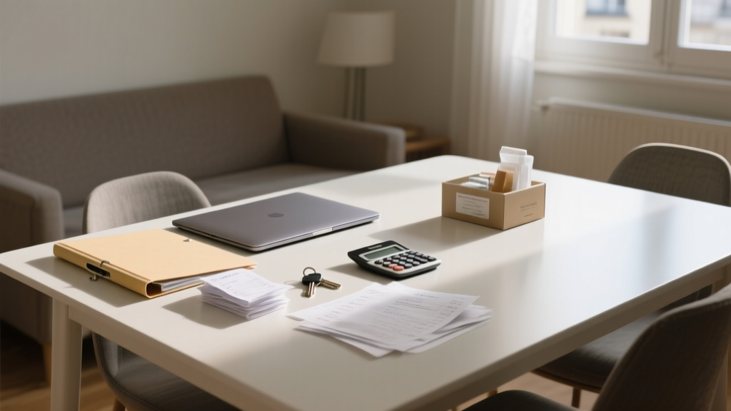 Tableau de bord d’un investissement LMNP avec clés, dossiers et calculatrice dans un intérieur lumineux