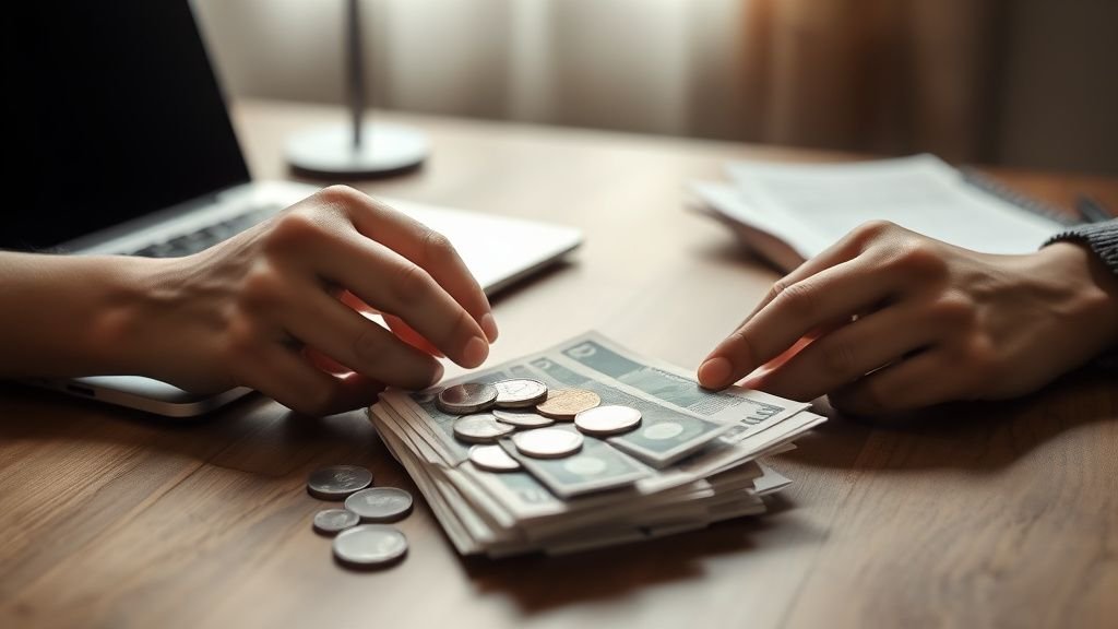 Mains posant des billets et des pièces sur un bureau pour illustrer un investissement progressif en Bourse