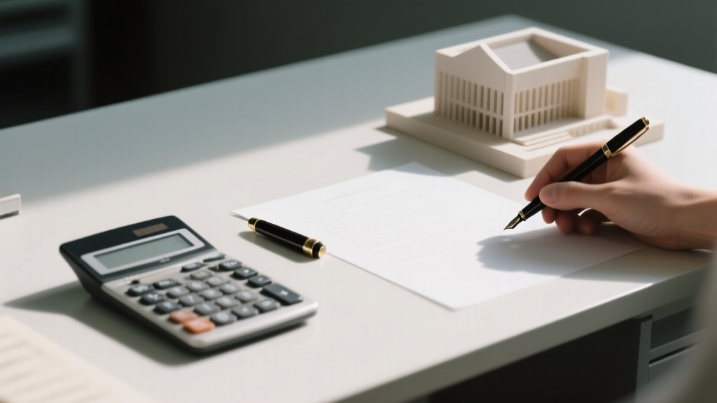Calculatrice, stylo et maquette d’école sur un bureau, illustrant une réflexion patrimoniale et fiscale