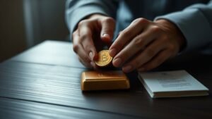 Mains posant une pièce d’or et un petit lingot sur une table en bois, lumière naturelle et ambiance sobre