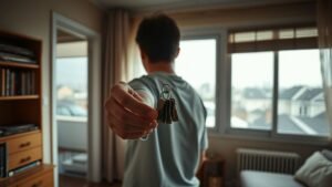 Personne tenant des clés dans un intérieur modeste avec vue urbaine, illustrant le patrimoine locatif