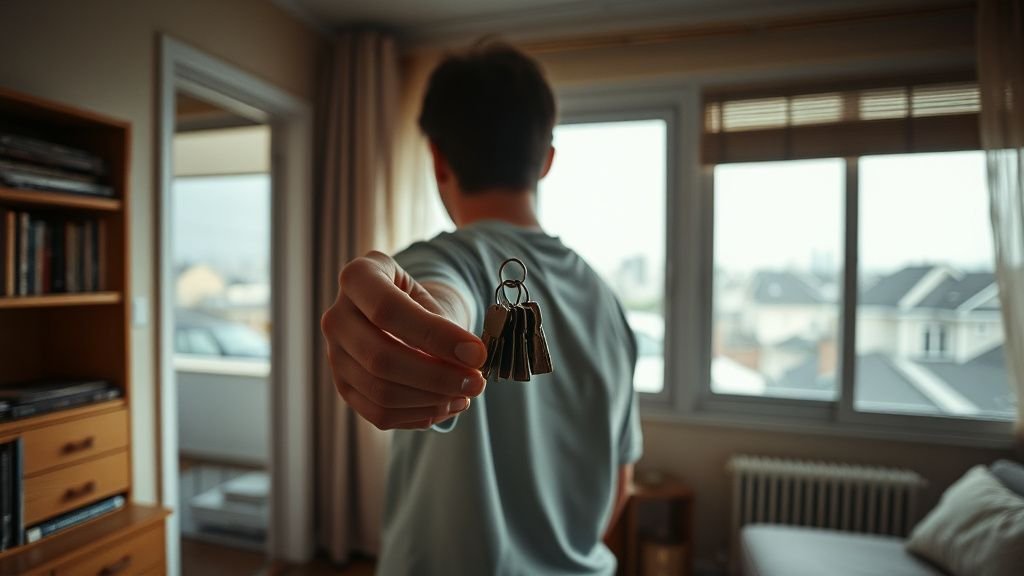 Personne tenant des clés dans un intérieur modeste avec vue urbaine, illustrant le patrimoine locatif