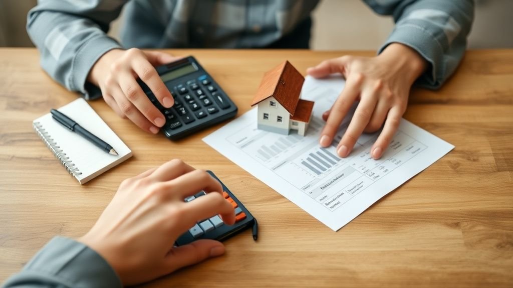 Mains sur une table avec calculatrice et maquette de maison, illustrant l’analyse de rentabilité locative