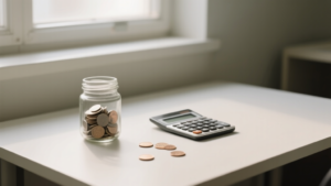 Bureau minimaliste avec pièces, calculatrice et lumière naturelle pour illustrer les placements financiers