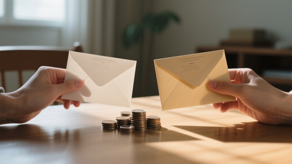 Mains comparant des enveloppes et des pièces sur une table en bois sous lumière naturelle