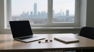 Bureau d’investisseur avec pièces et carnet, illustrant les risques des ETF dans une ambiance sobre