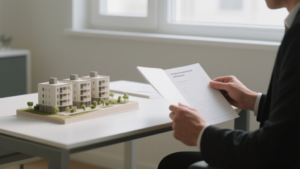 Mains examinant une maquette d’immeubles sur un bureau, dans une ambiance de lumière naturelle et sobre