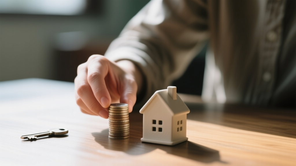 Pièces posées près d’une maison miniature sur une table en bois, sous une lumière naturelle douce