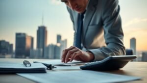 Vue d’un quartier financier avec une ambiance sobre évoquant des taux élevés et la politique monétaire
