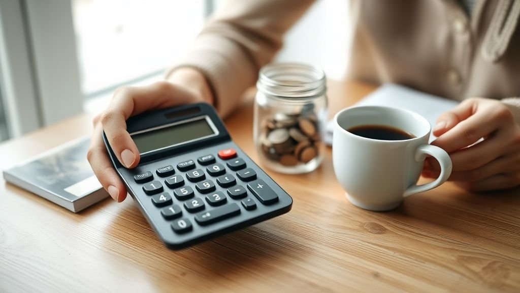 Mains avec calculatrice et pièces sur une table en bois, illustrant l’effet des taux élevés sur le budget