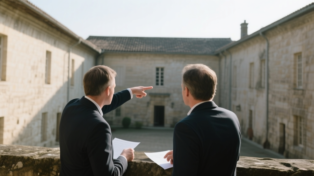 Deux personnes observant la cour d’un immeuble ancien avant une vente immobilière